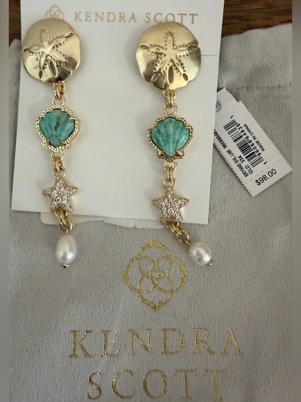 Kendra Scott Brynne Gold Shell Linear Earrings in Sea Green Chrysocolla NWT